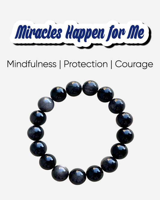 Obsidian Bracelet in white background with texts " miracles happen for me"