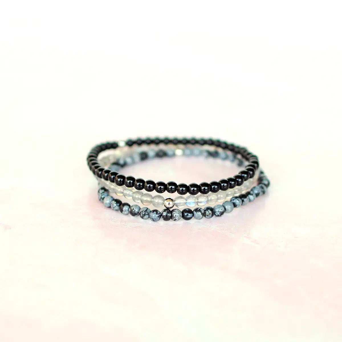“Protect Your Energy" Natural Crystal Bracelet Set | Labradorite, Black Onyx & Snowflake Obsidian