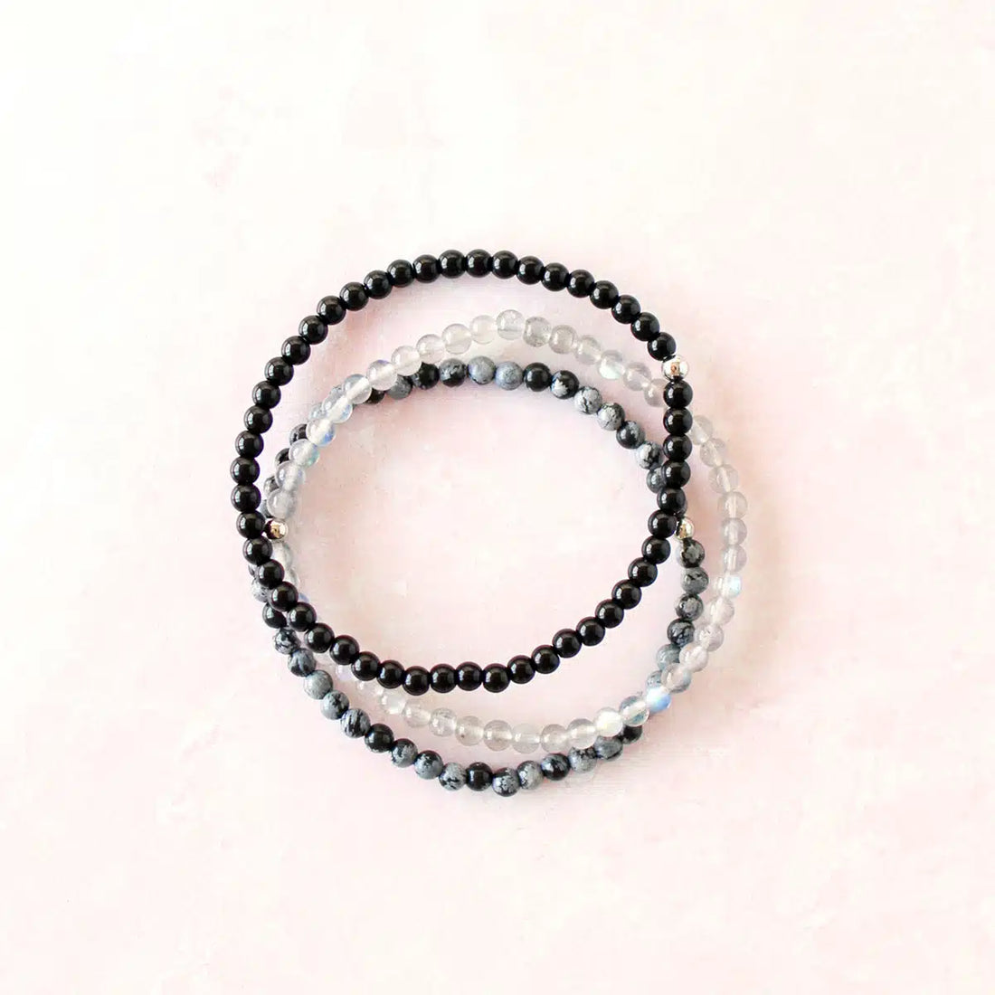 “Protect Your Energy" Natural Crystal Bracelet Set | Labradorite, Black Onyx & Snowflake Obsidian